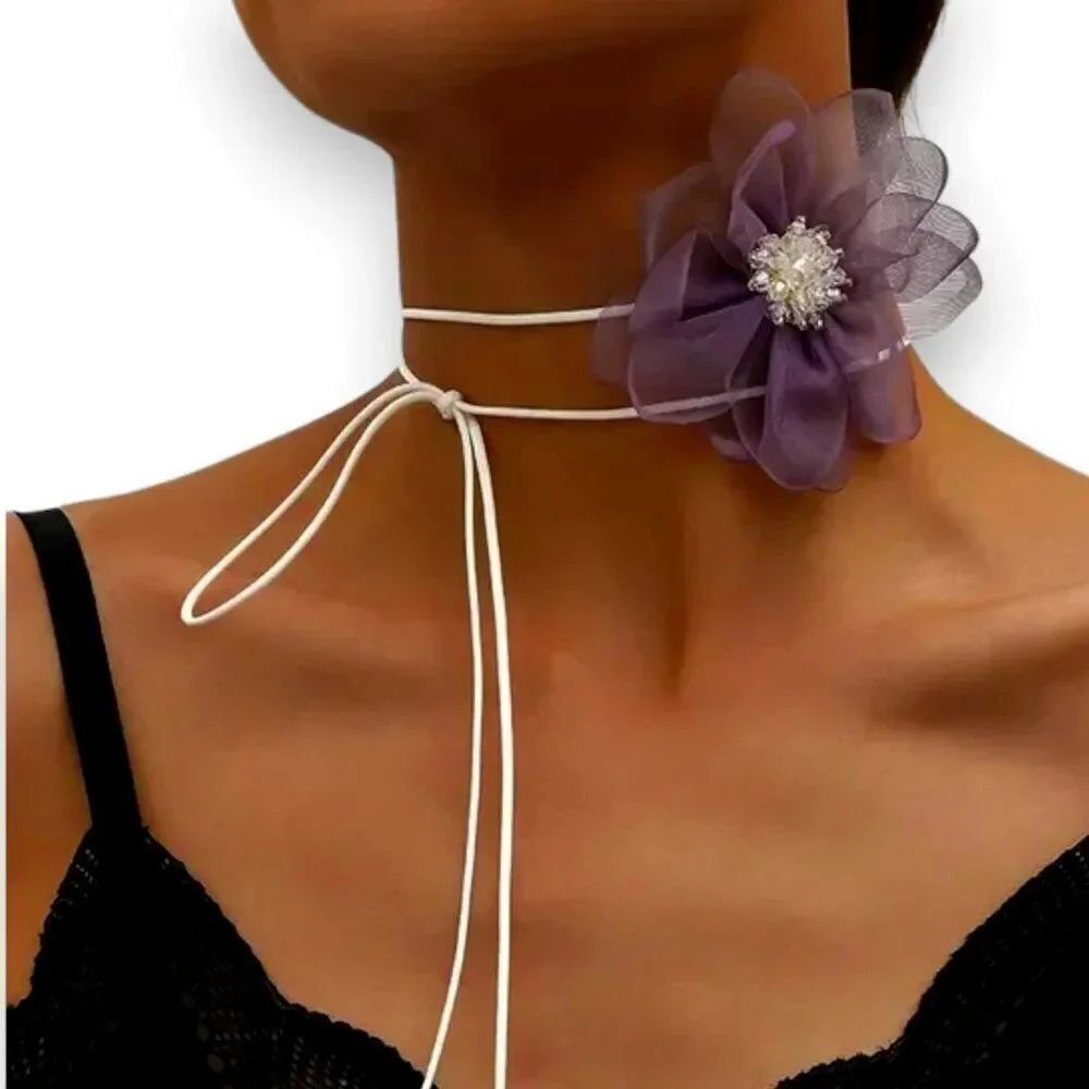 Lavender Purple Flower Crystal Fabric Rosette Choker Wrap Necklace - NEW